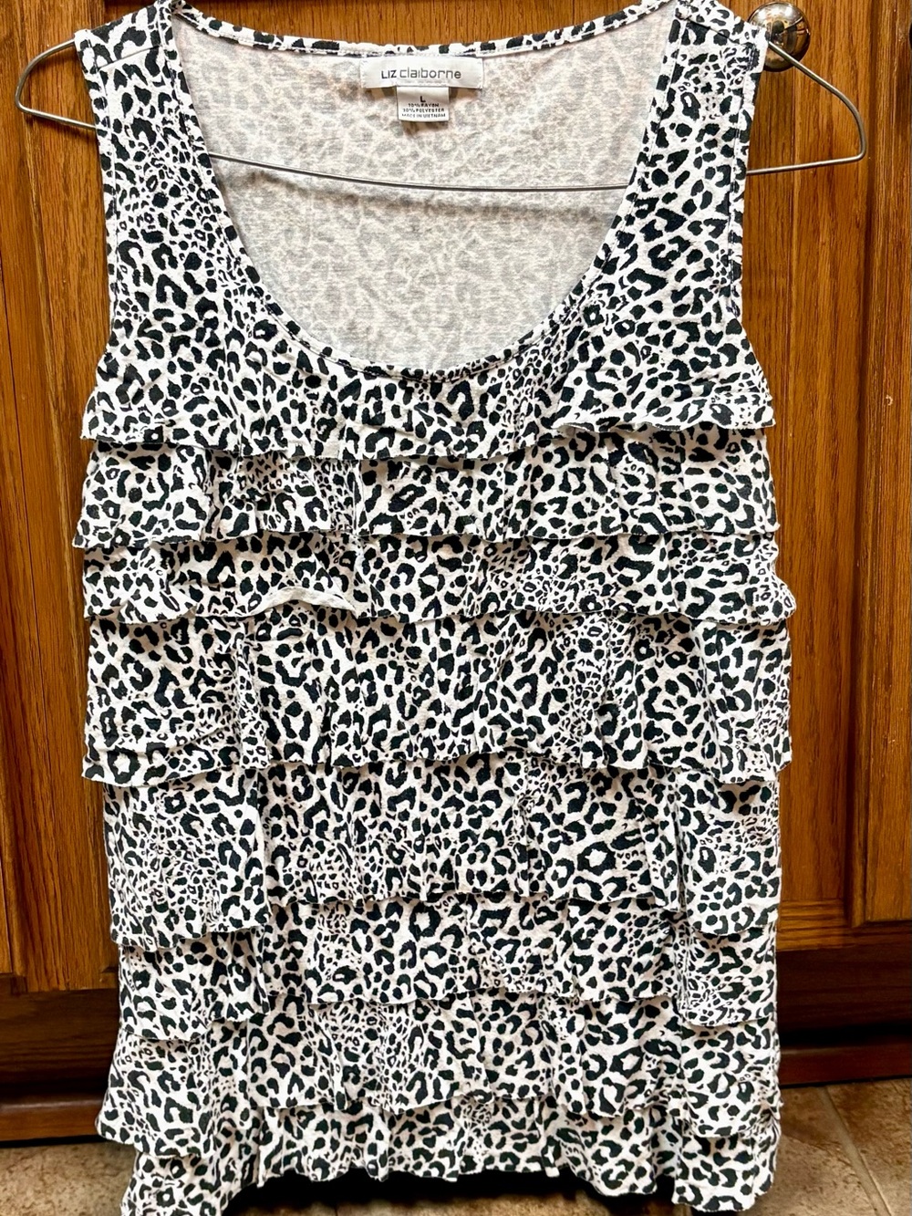 Liz Claiborne Black & White Leopard Ruffle Tank-Size Large